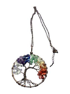 7 Chakra Rainbow Natural Stone Beaded Wire Wrapped Tree of Life Pendant Necklace